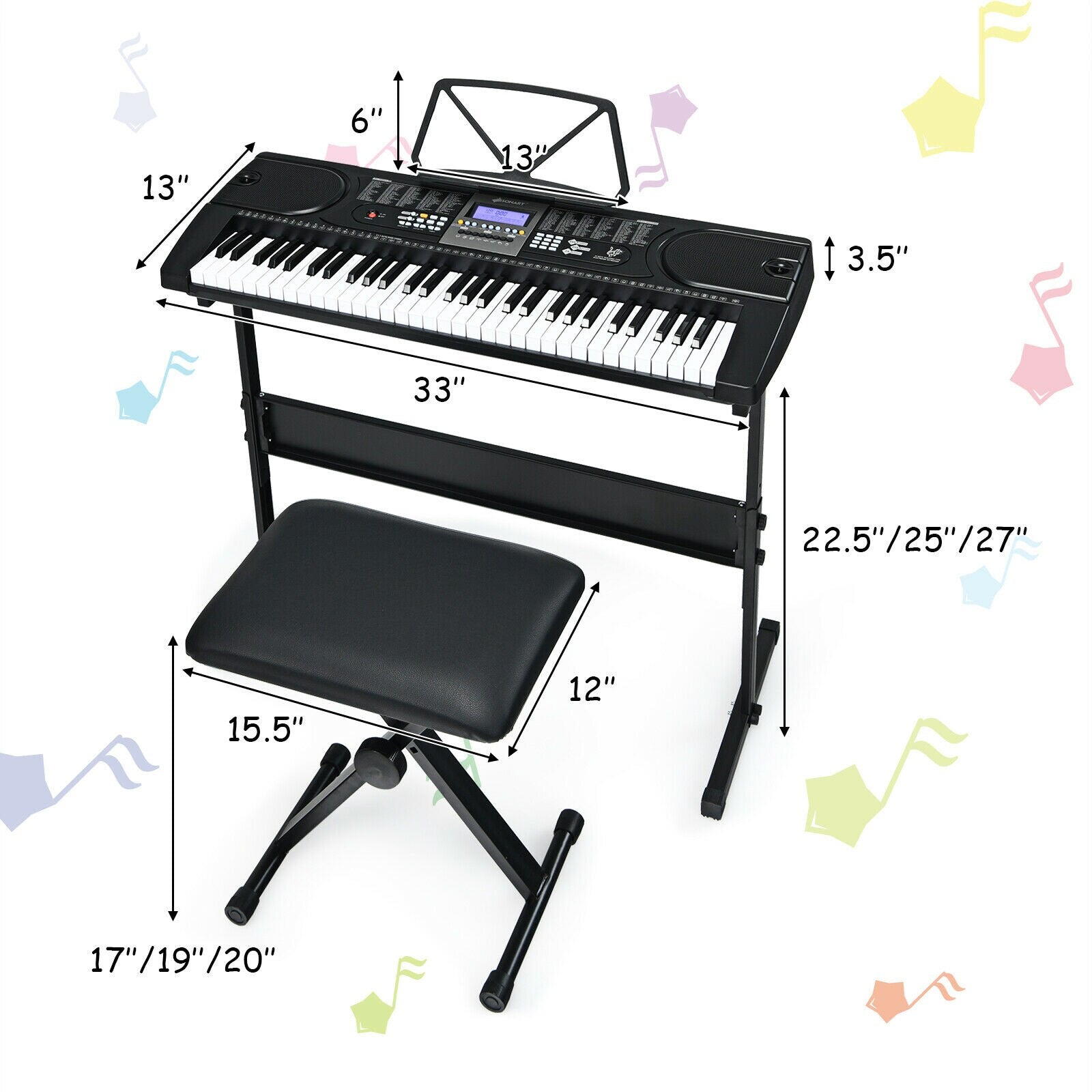 61-Key Electronic Piano Keyboard Starter Set with Stand, Bench, Headphone and Microphone