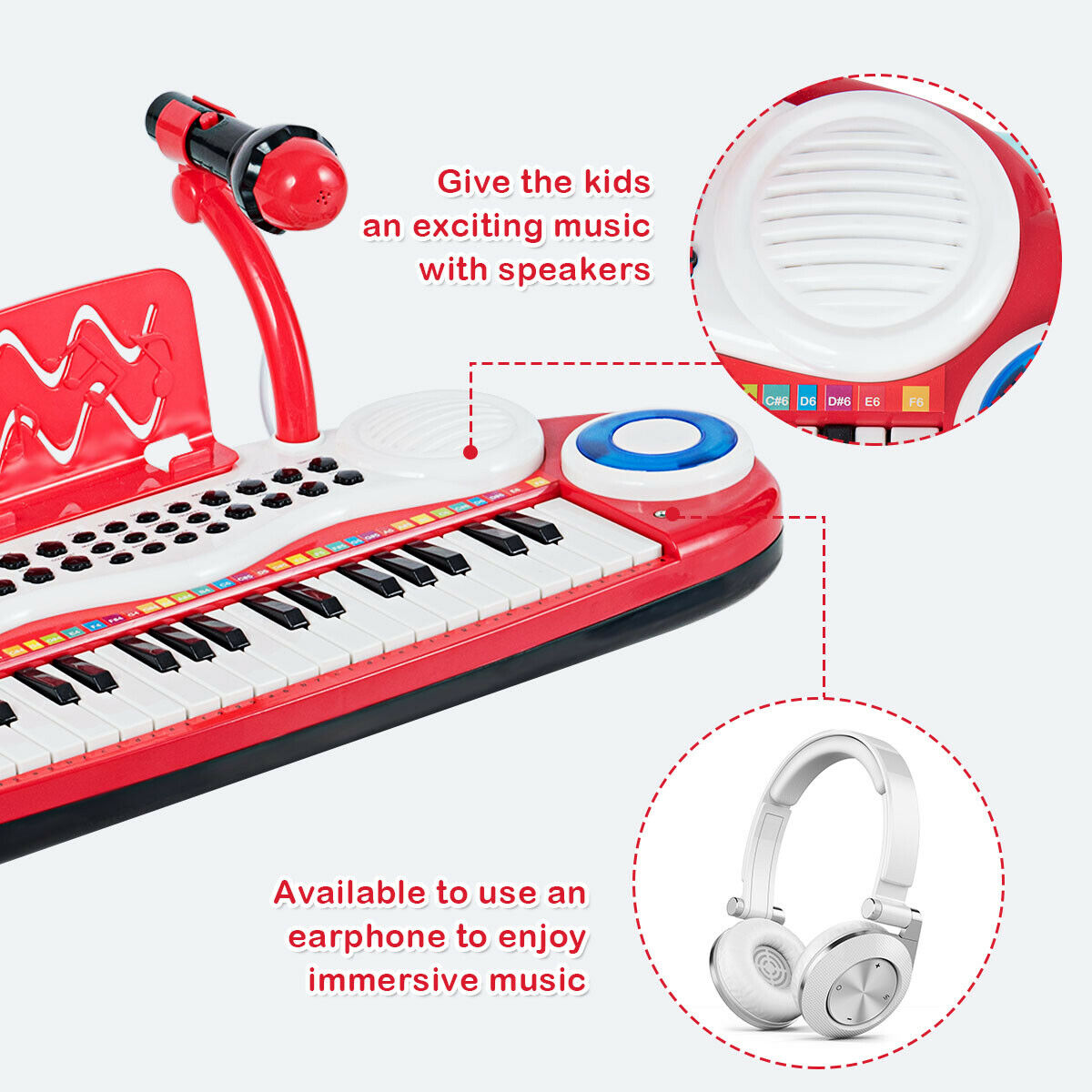 37-Key Electronic Piano Keyboard with Microphone Z-Shaped in Red