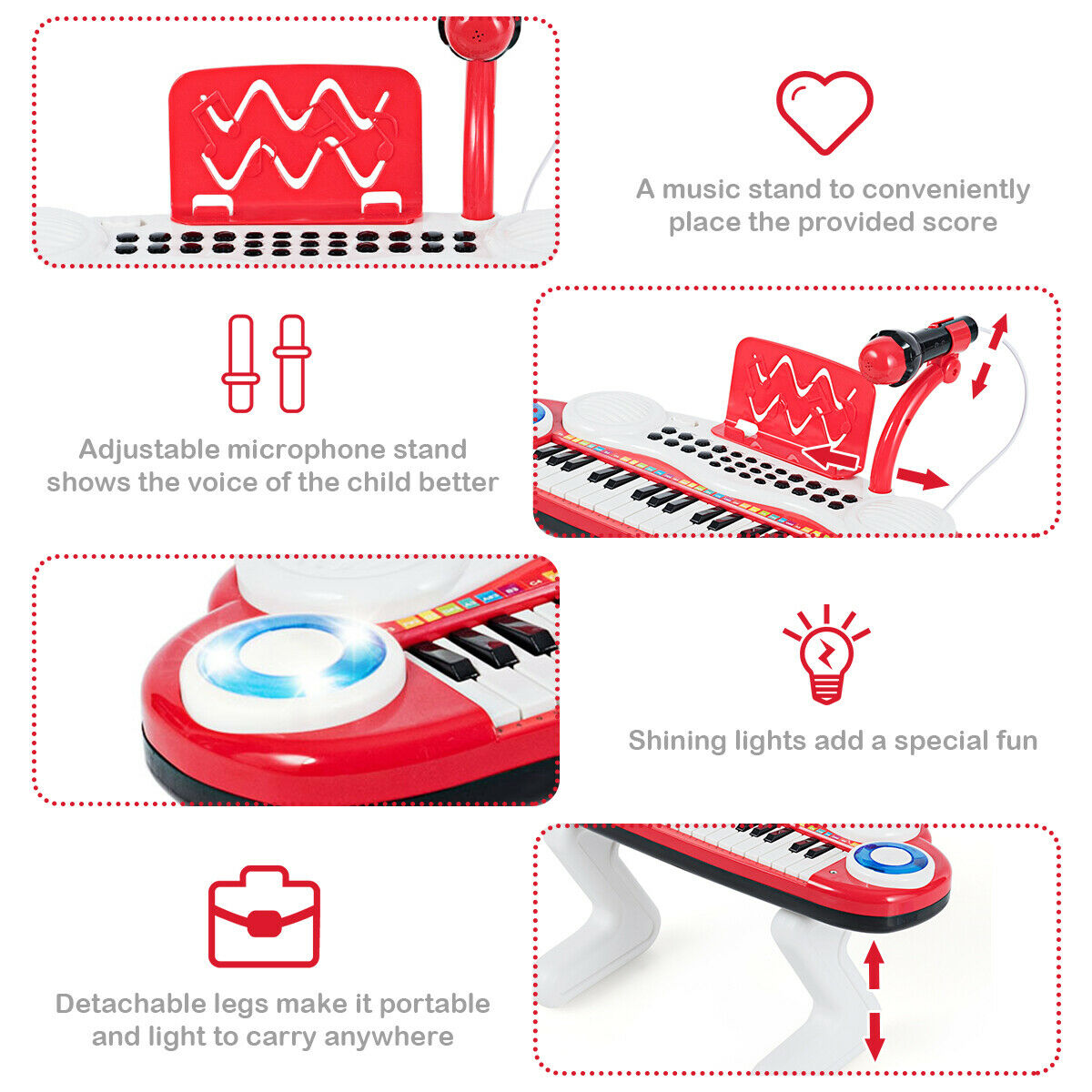 37-Key Electronic Piano Keyboard with Microphone Z-Shaped in Red