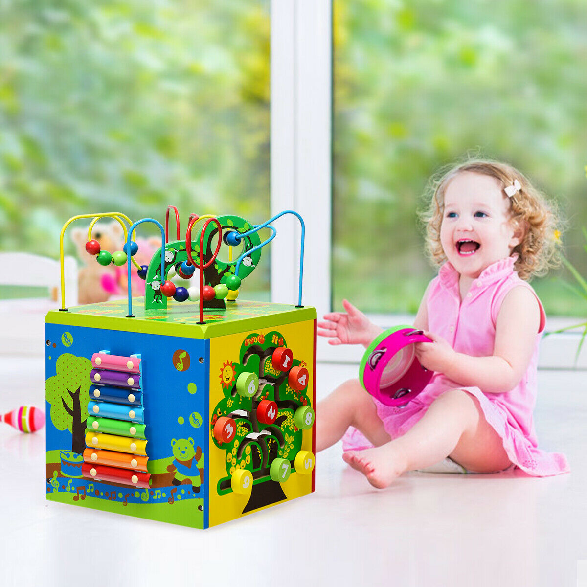 5-in-1 Wooden Activity Cube with Rotatable Base