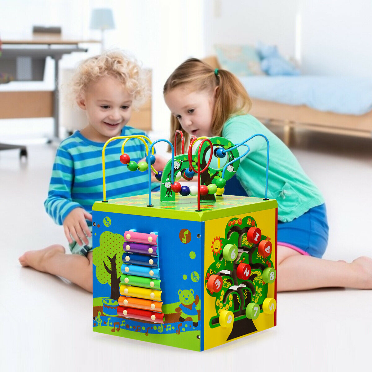 5-in-1 Wooden Activity Cube with Rotatable Base