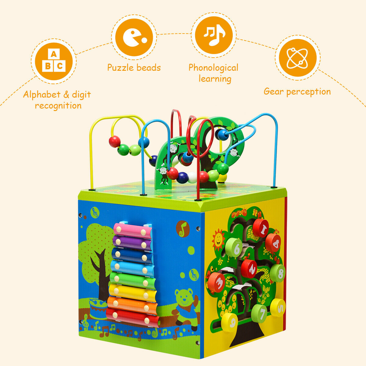 5-in-1 Wooden Activity Cube with Rotatable Base