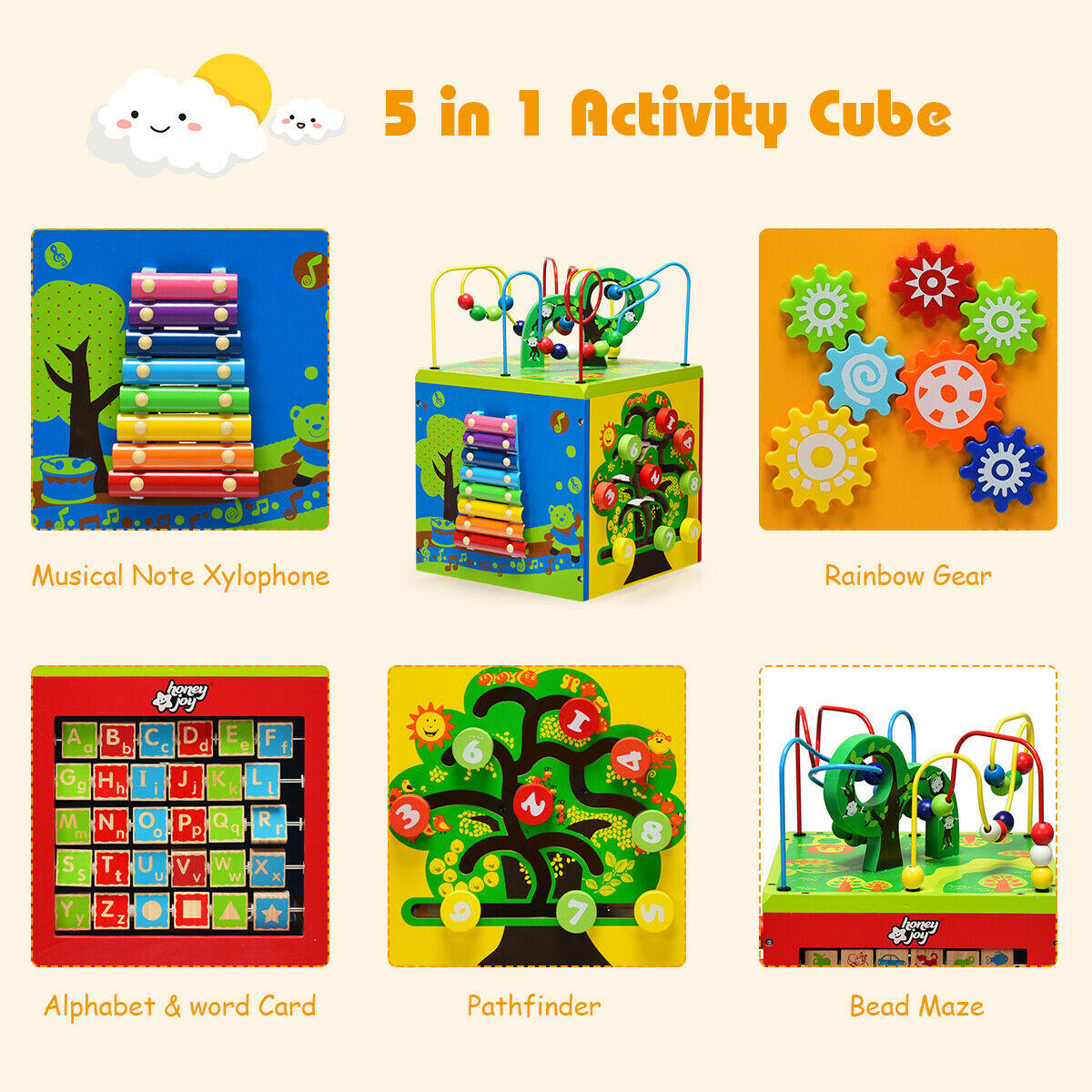 5-in-1 Wooden Activity Cube with Rotatable Base