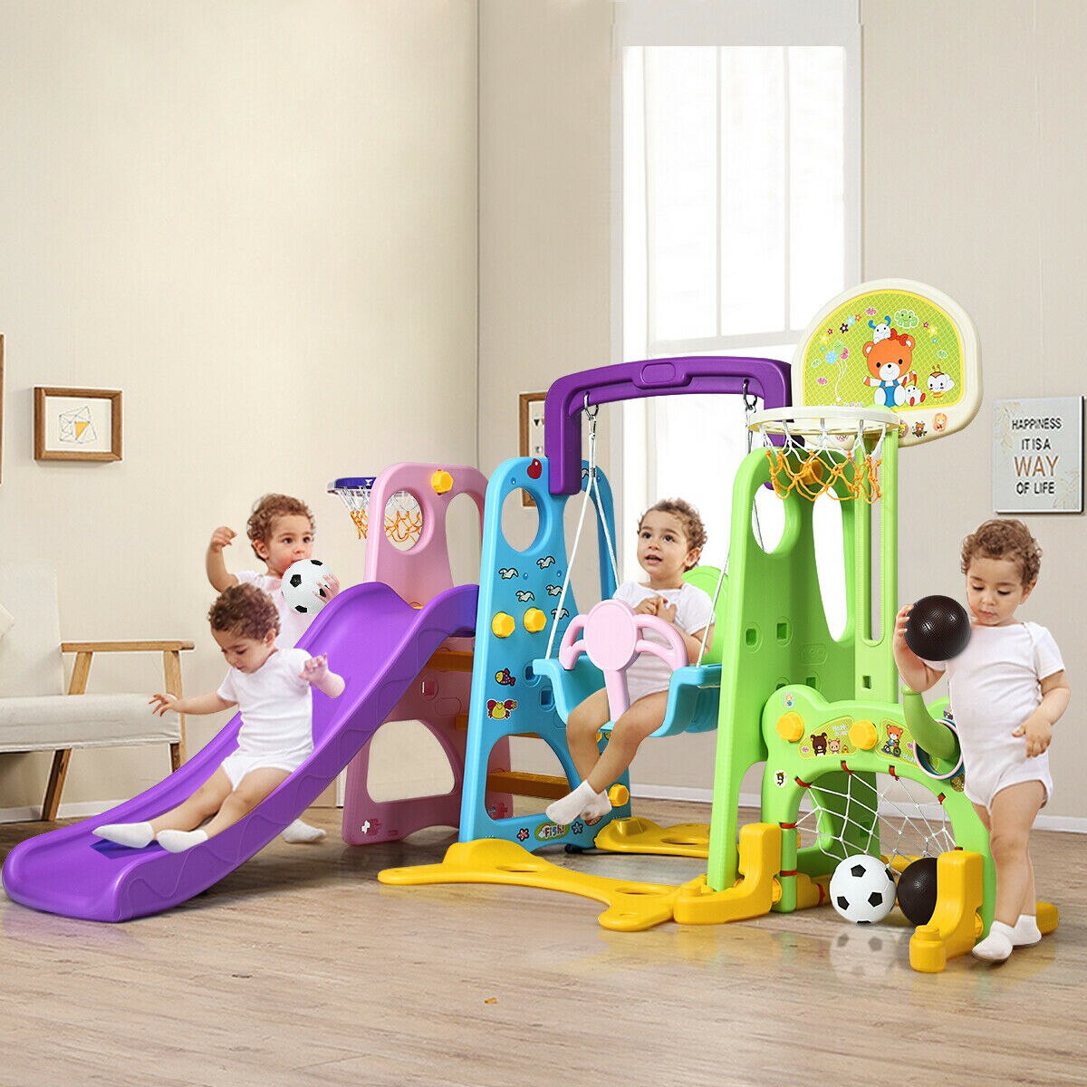 6-in-1 Climber and Swing Set with Basketball Hoop & Football Gate