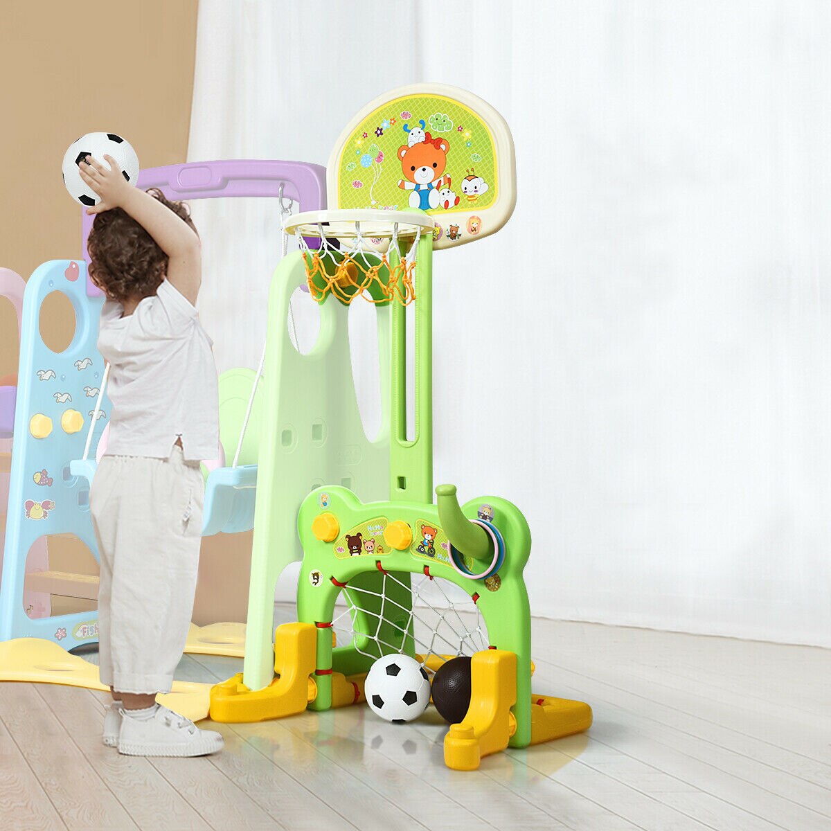 6-in-1 Climber and Swing Set with Basketball Hoop & Football Gate