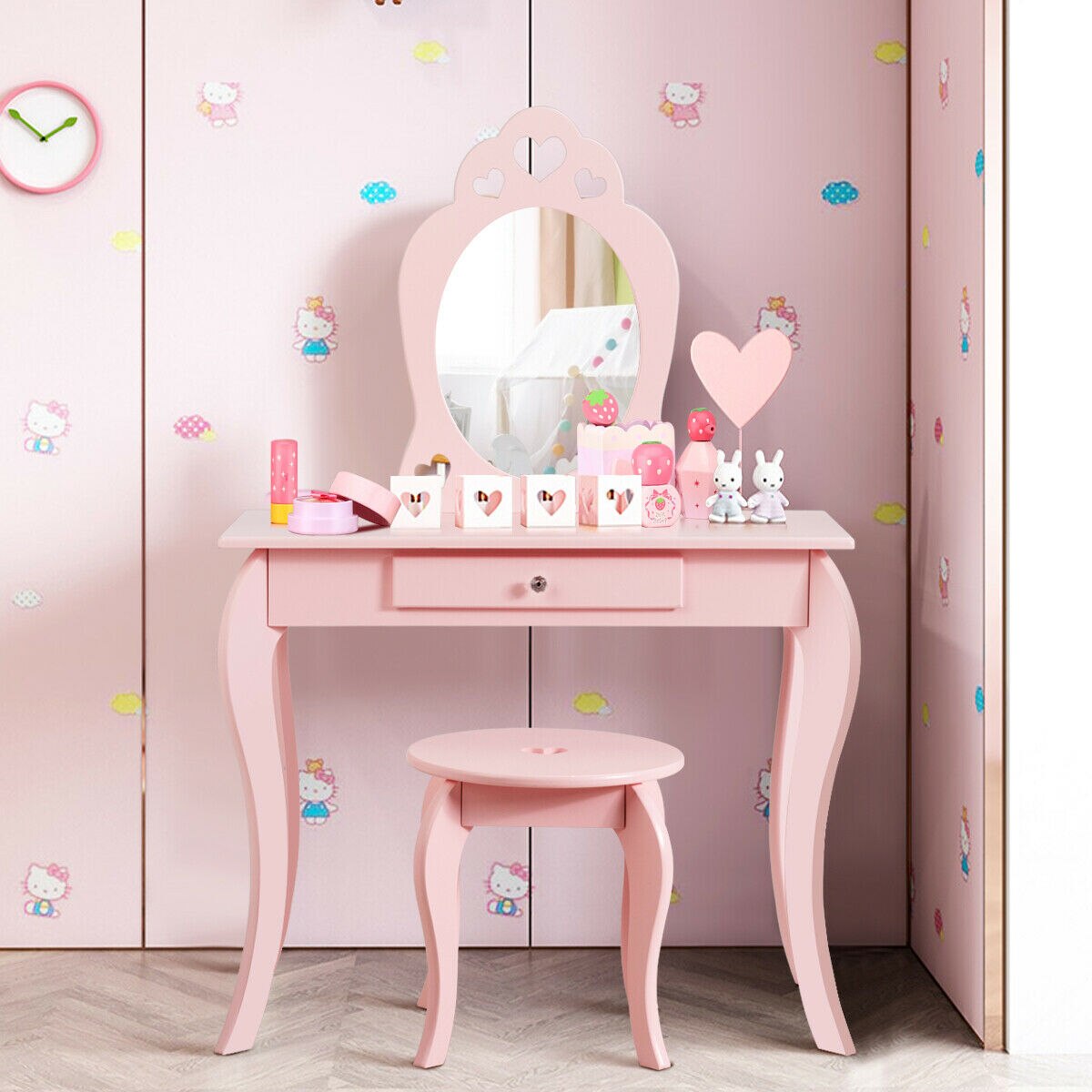 Makeup Dressing Table With Mirror for Girls in Pink