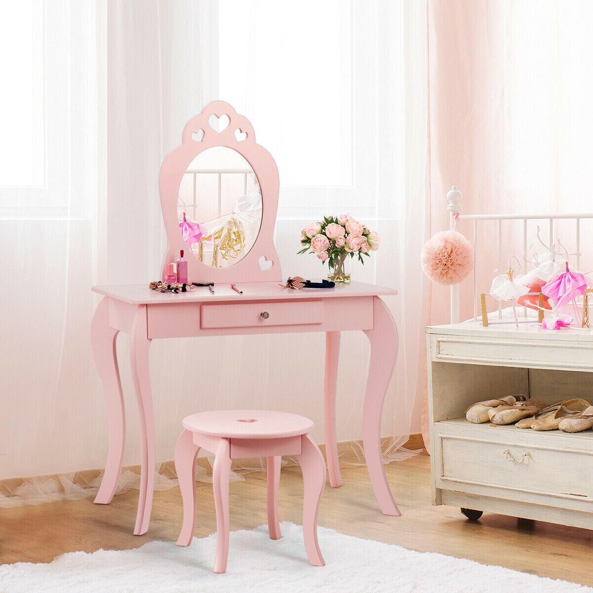 Makeup Dressing Table With Mirror for Girls in Pink