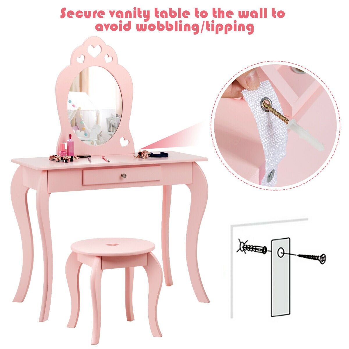 Makeup Dressing Table With Mirror for Girls in Pink