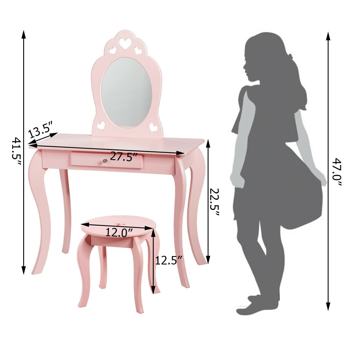 Makeup Dressing Table With Mirror for Girls in Pink