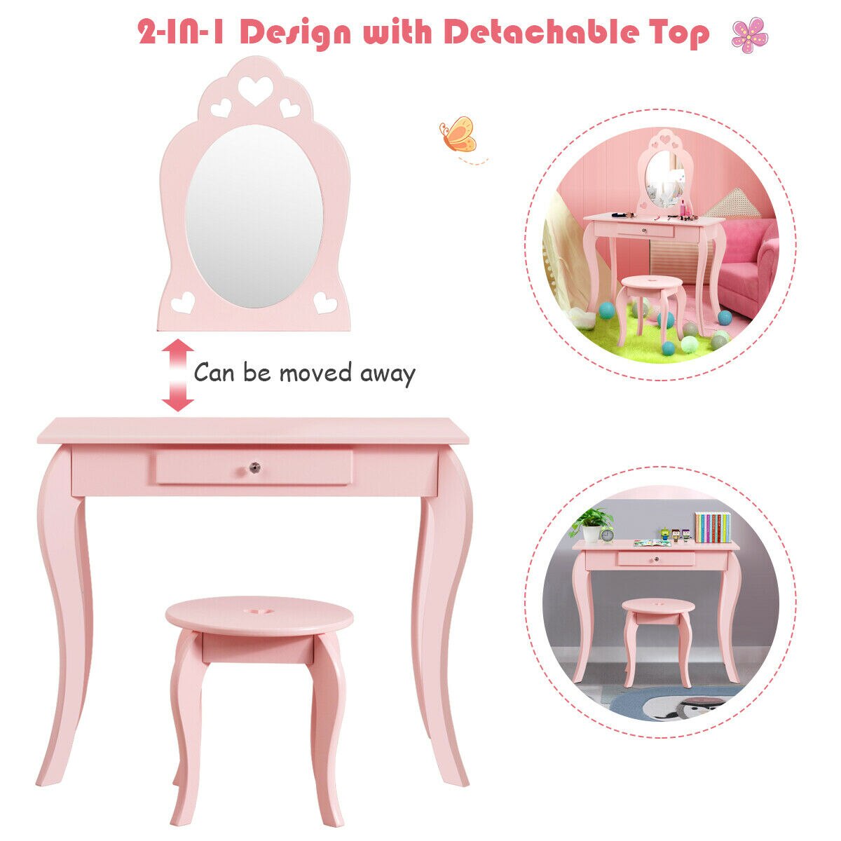 Makeup Dressing Table With Mirror for Girls in Pink