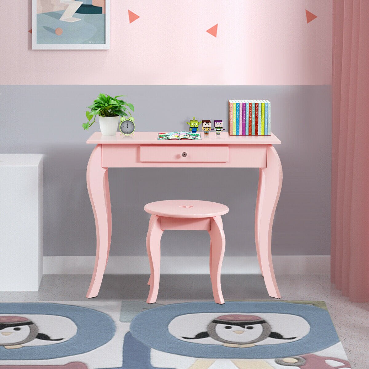 Makeup Dressing Table With Mirror for Girls in Pink