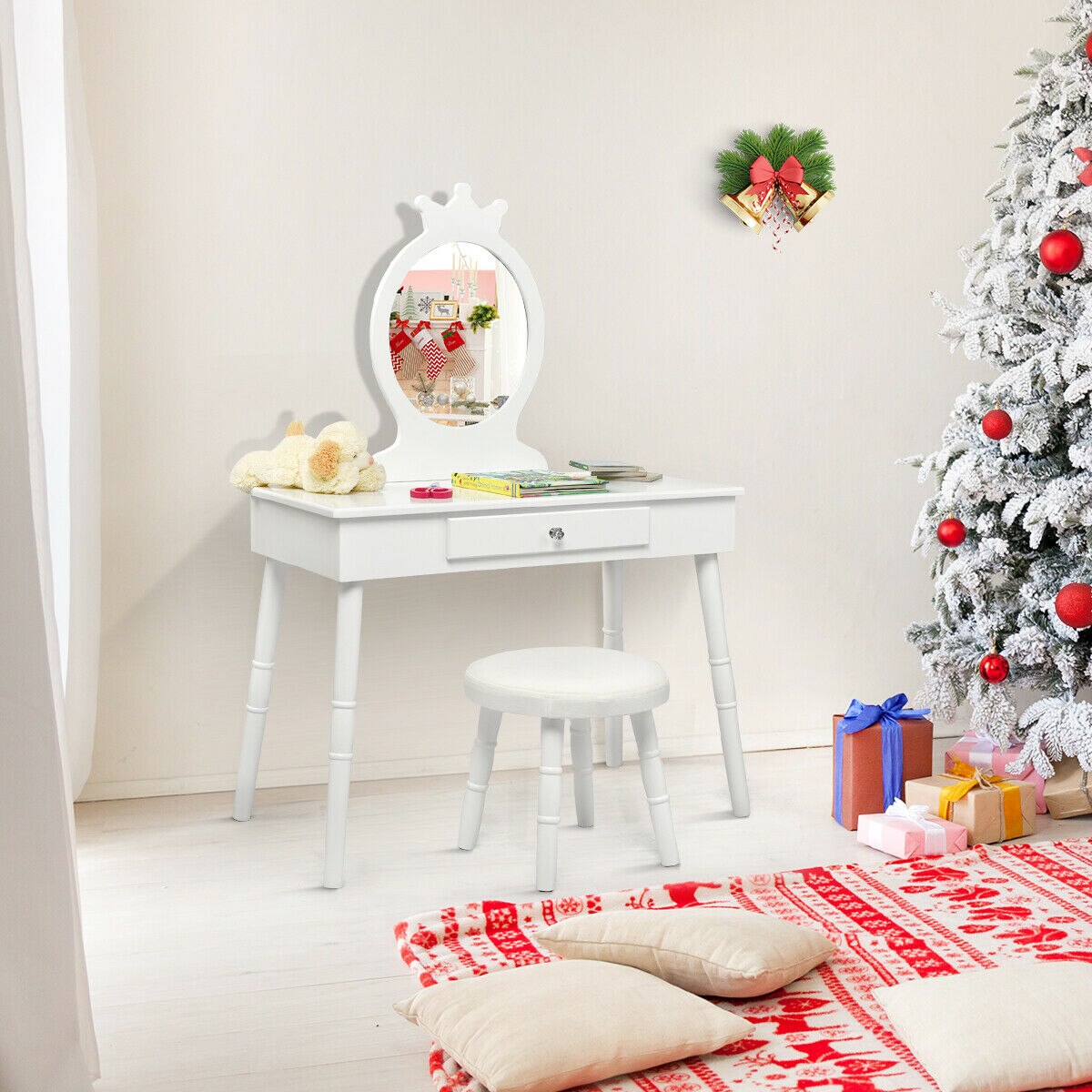 Makeup Vanity Table & Stool Set with Mirror in White