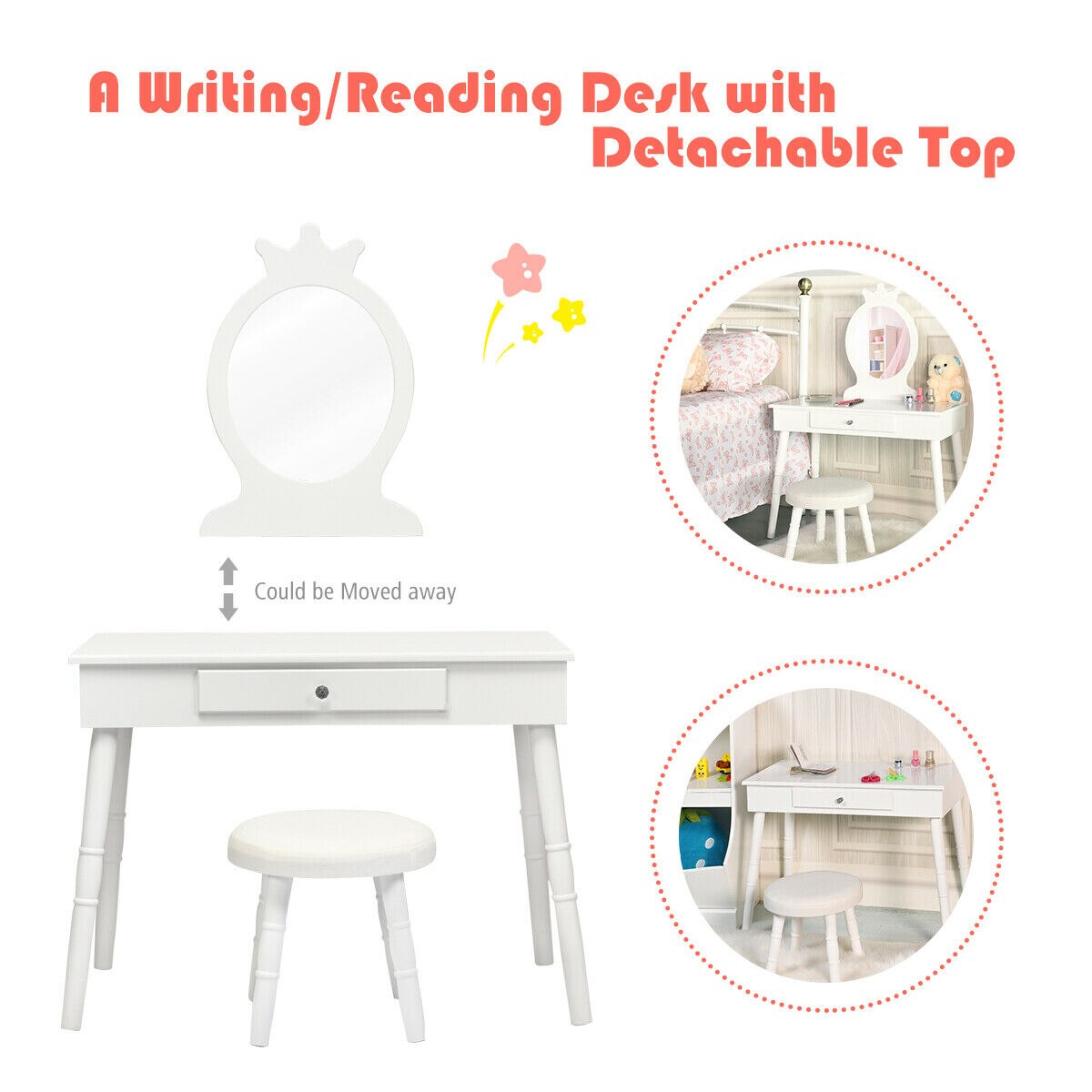 Makeup Vanity Table & Stool Set with Mirror in White