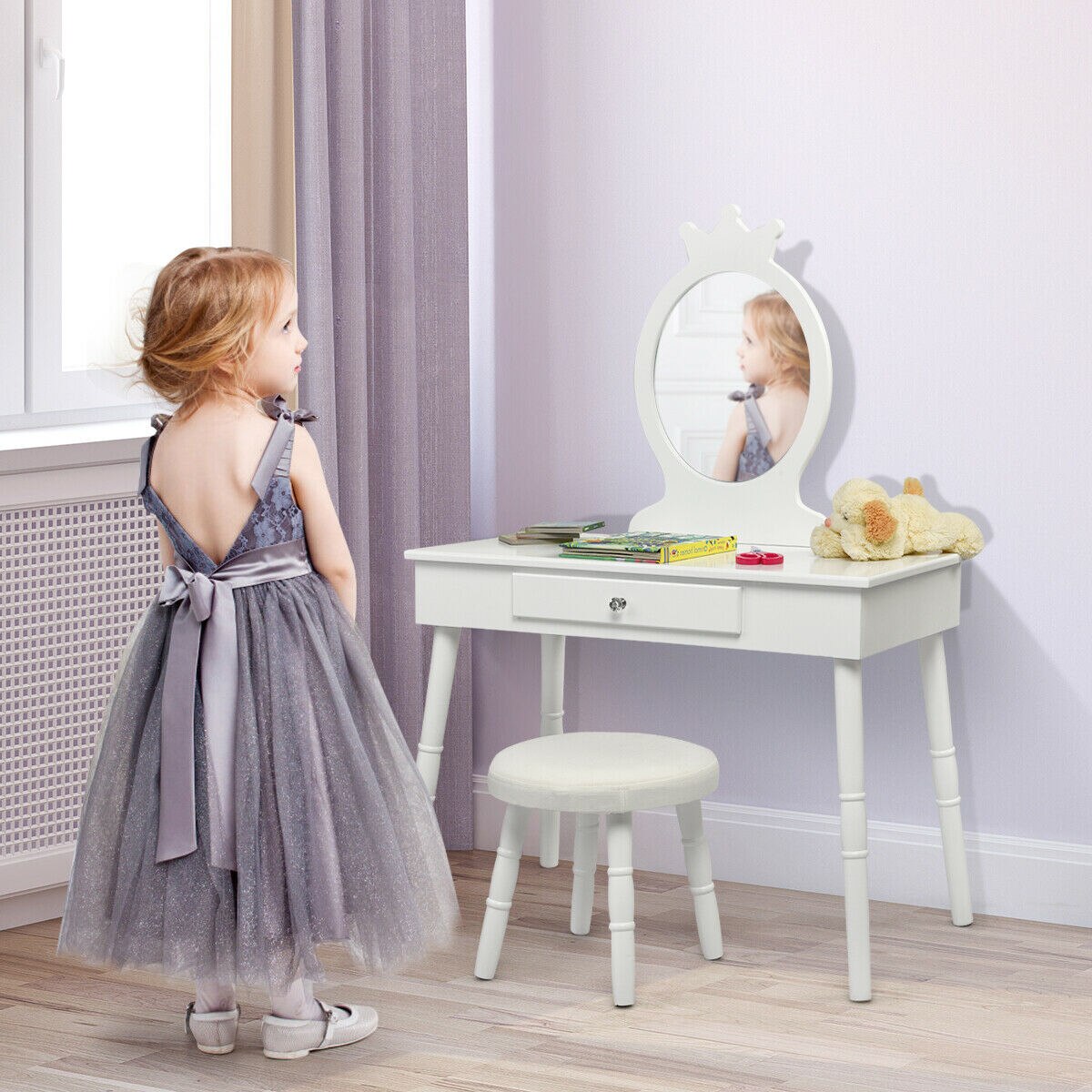 Makeup Vanity Table & Stool Set with Mirror in White