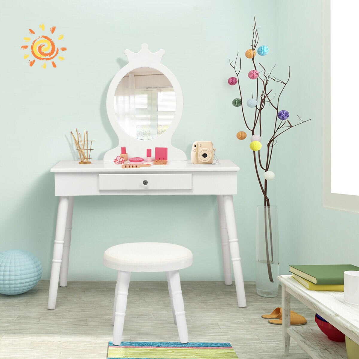 Makeup Vanity Table & Stool Set with Mirror in White