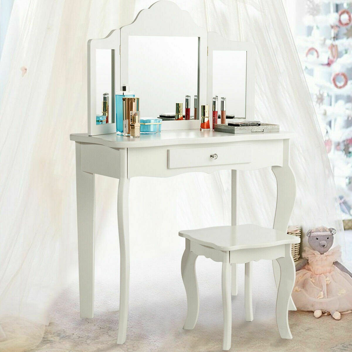 2-in-1 Makeup Vanity Table Set with Mirror in White