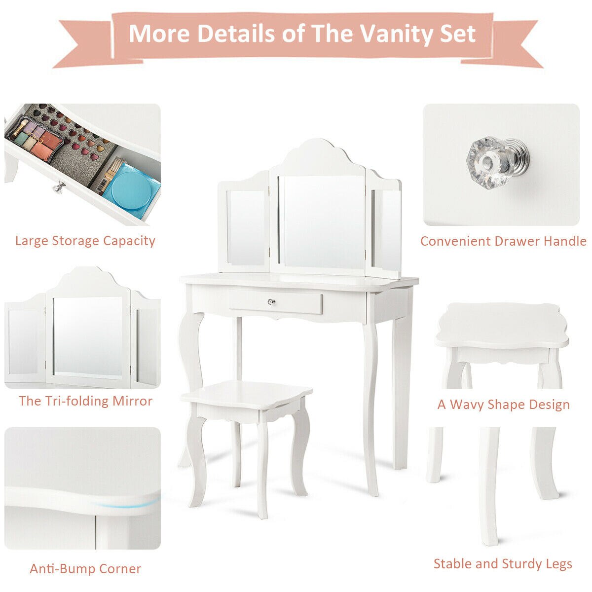 2-in-1 Makeup Vanity Table Set with Mirror in White