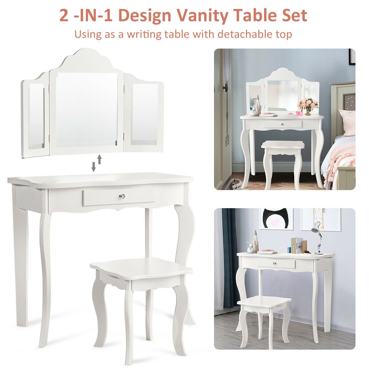 2-in-1 Makeup Vanity Table Set with Mirror in White