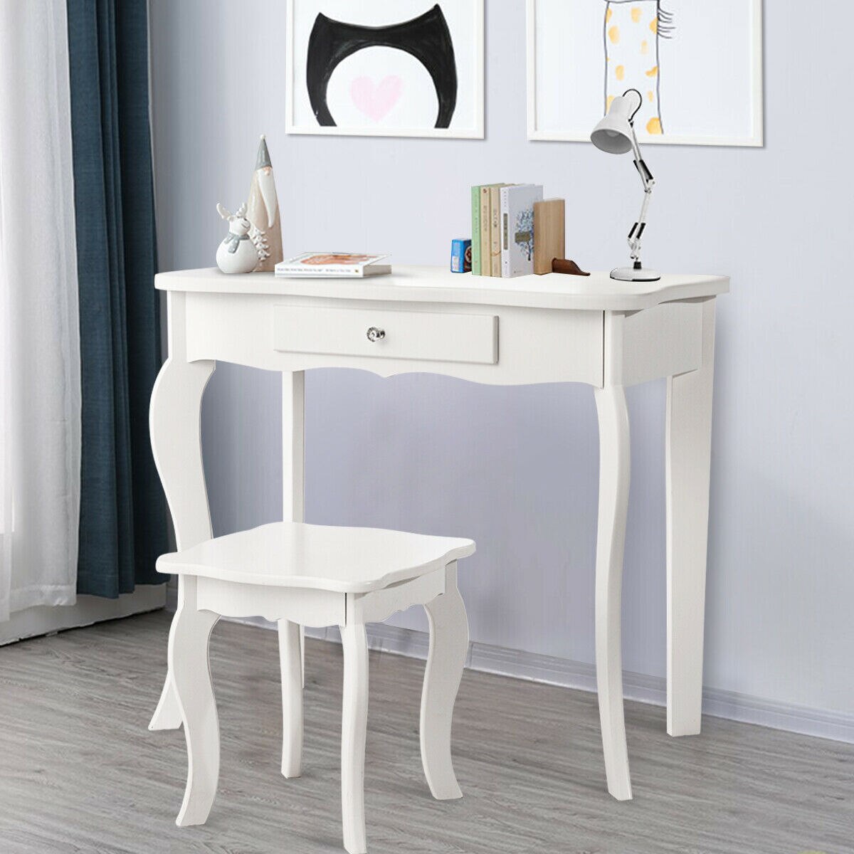 2-in-1 Makeup Vanity Table Set with Mirror in White