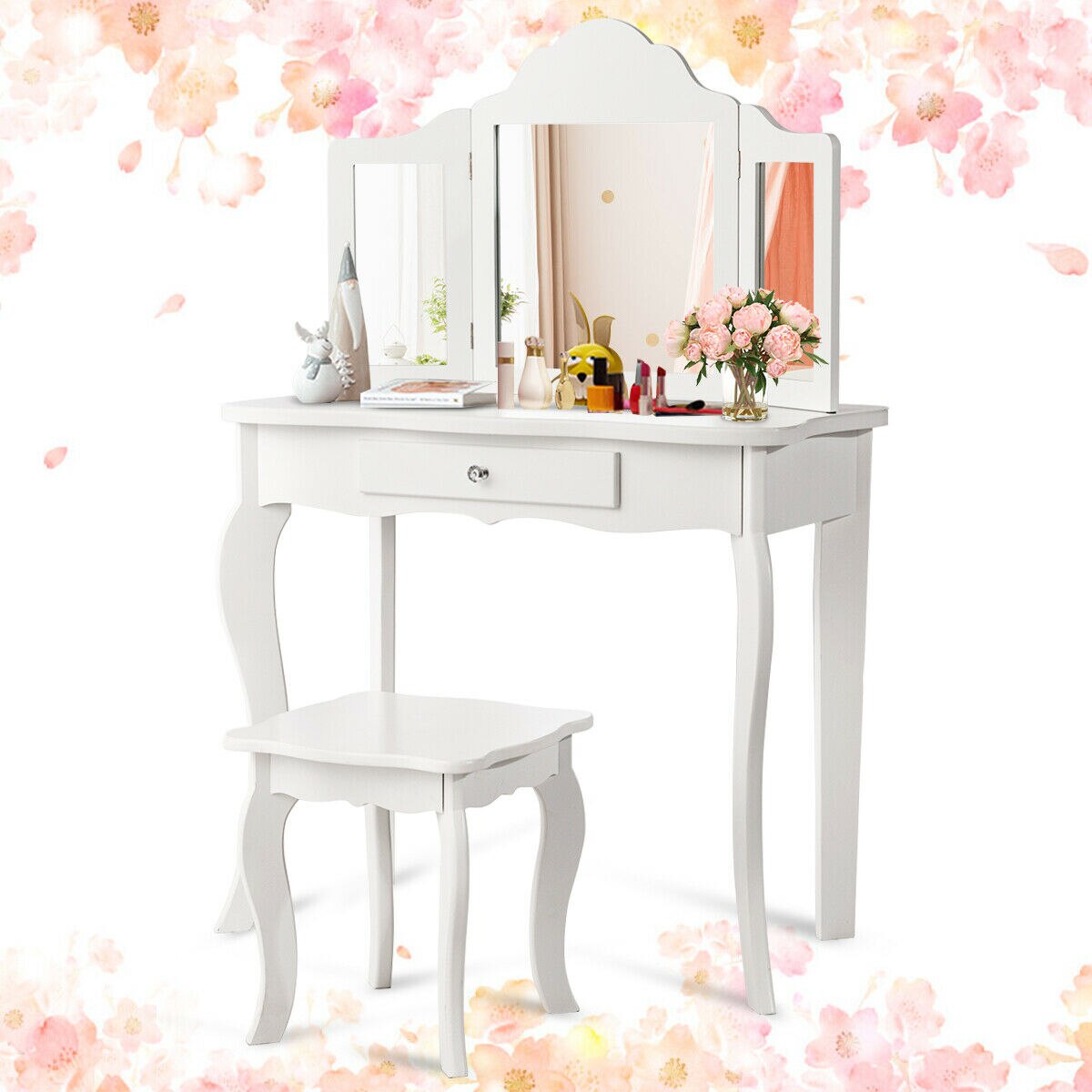 2-in-1 Makeup Vanity Table Set with Mirror in White