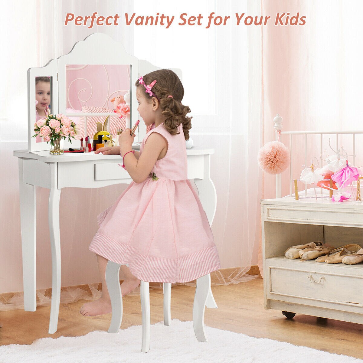 2-in-1 Makeup Vanity Table Set with Mirror in White