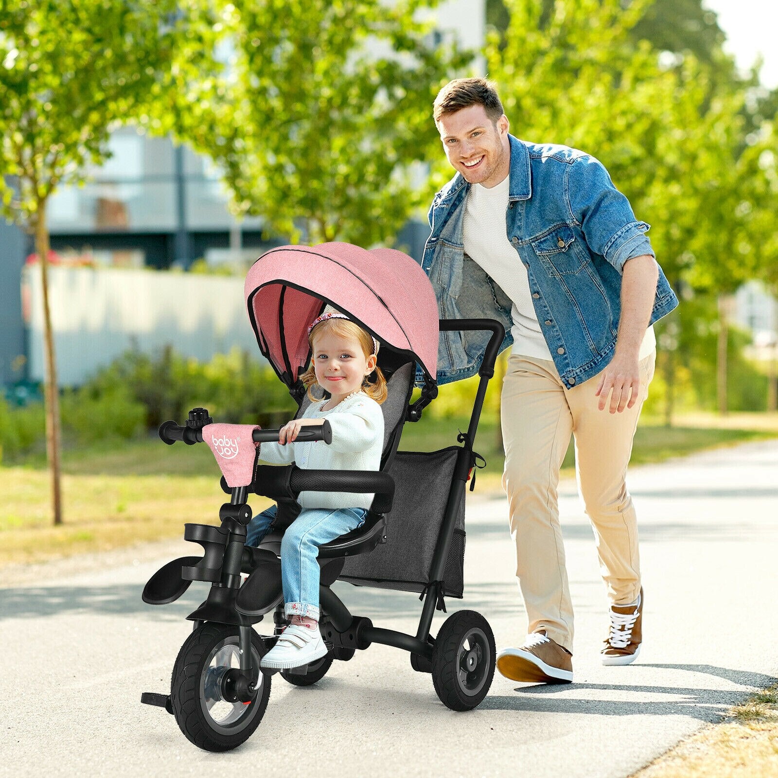 7-in-1 Folding Tricycle with Rotatable Seat in Pink