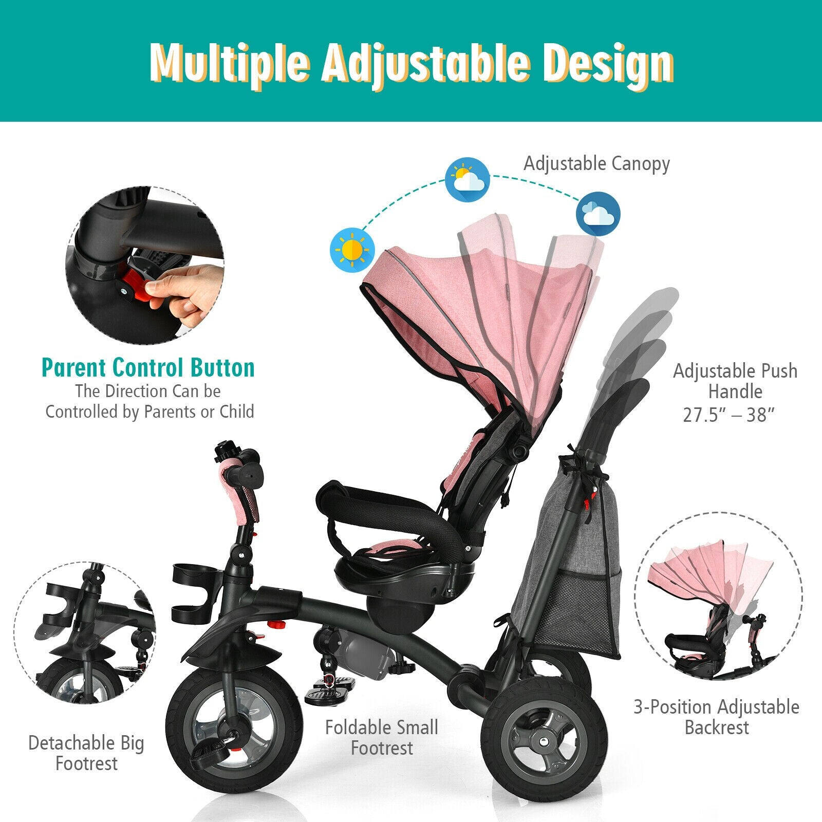 7-in-1 Folding Tricycle with Rotatable Seat in Pink