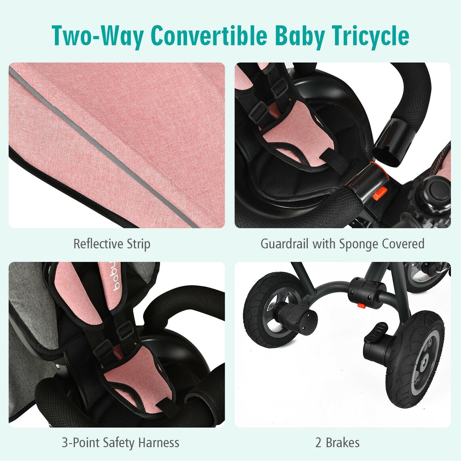 7-in-1 Folding Tricycle with Rotatable Seat in Pink