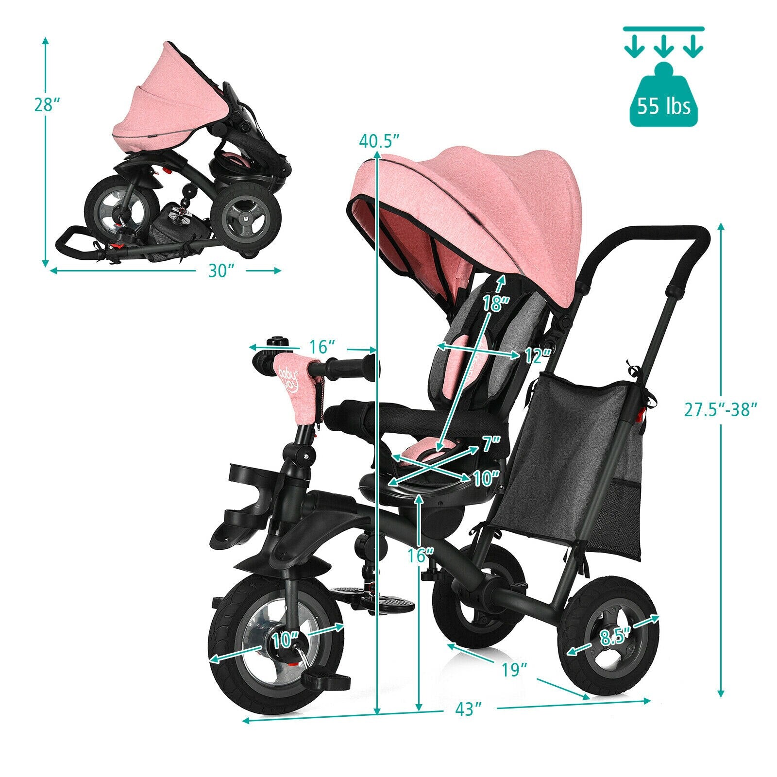 7-in-1 Folding Tricycle with Rotatable Seat in Pink