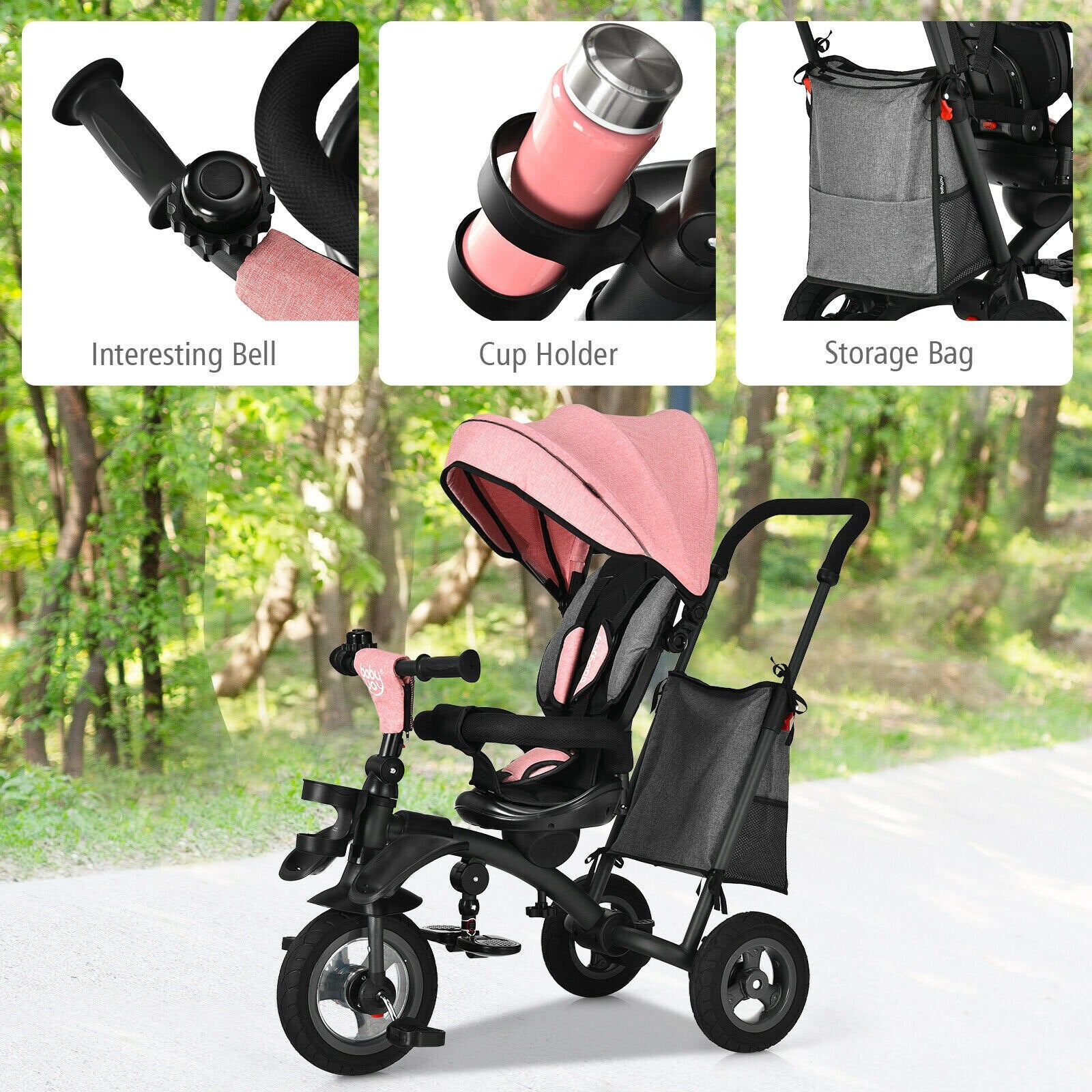 7-in-1 Folding Tricycle with Rotatable Seat in Pink