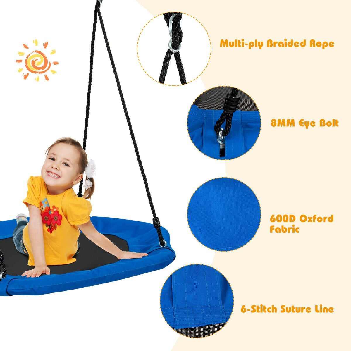 37” Hexagon Tree Swing with Adjustable Hanging Ropes