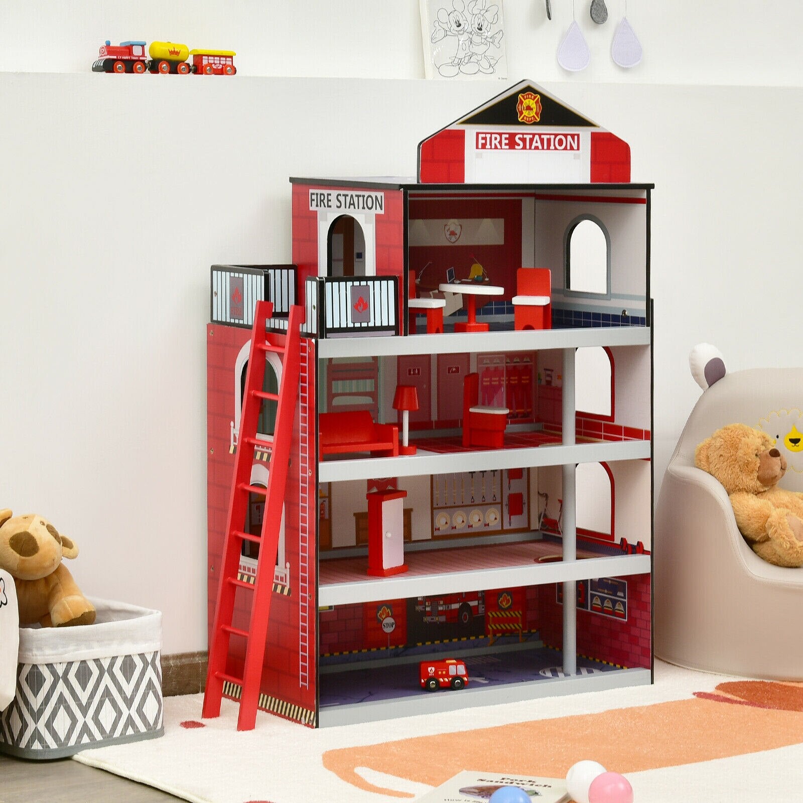 Wooden Fire Station Dollhouse with Truck & Helicopter