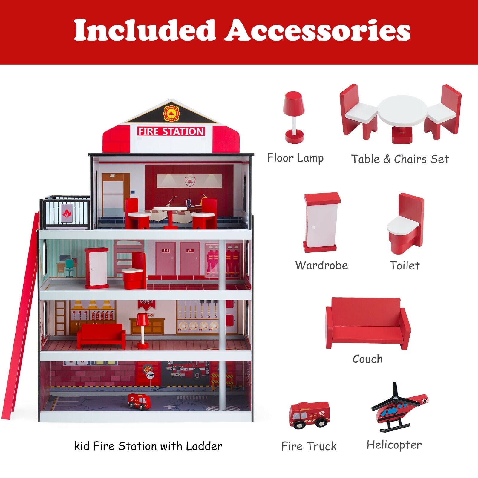 Wooden Fire Station Dollhouse with Truck & Helicopter