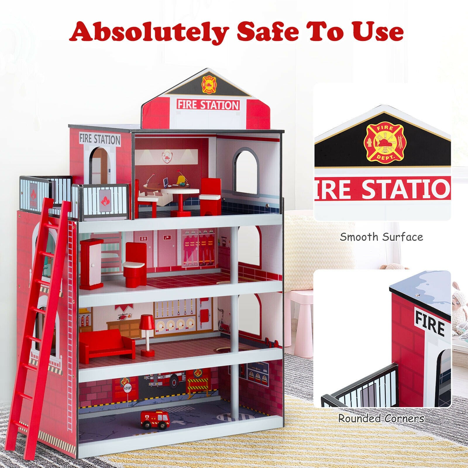 Wooden Fire Station Dollhouse with Truck & Helicopter