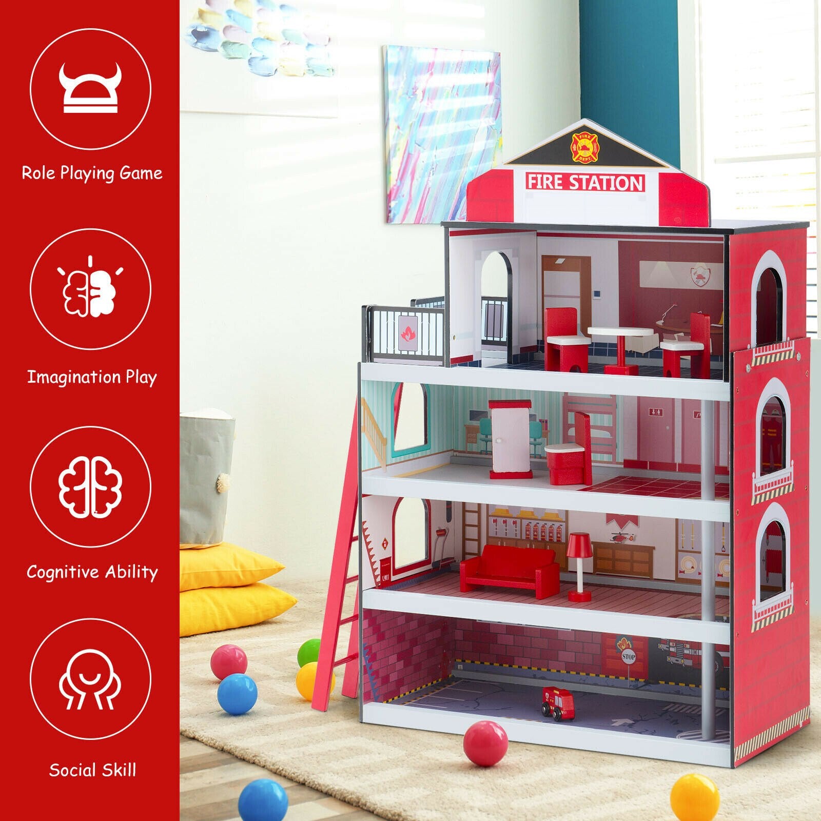 Wooden Fire Station Dollhouse with Truck & Helicopter