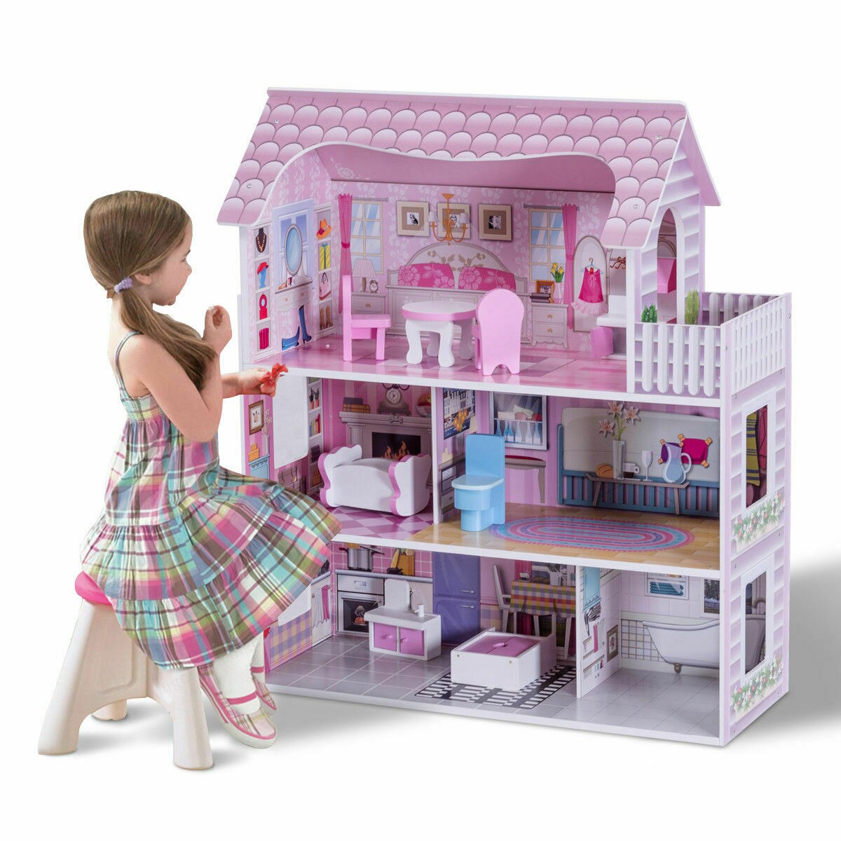 3-Level Pink Dollhouse with Furniture and Gliding Elevator