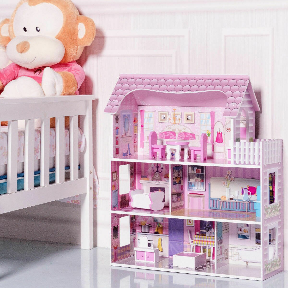 3-Level Pink Dollhouse with Furniture and Gliding Elevator