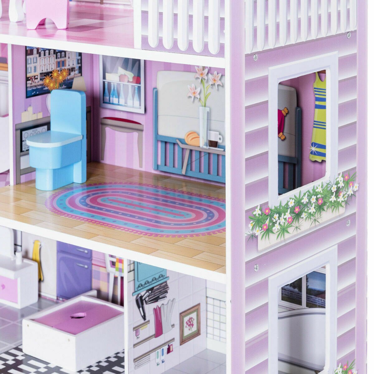 3-Level Pink Dollhouse with Furniture and Gliding Elevator