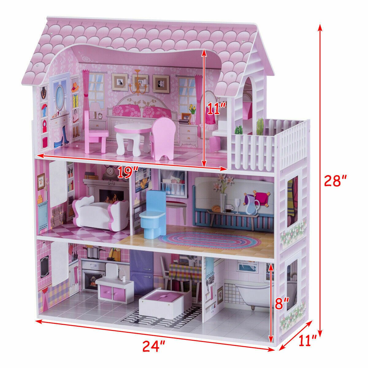 3-Level Pink Dollhouse with Furniture and Gliding Elevator