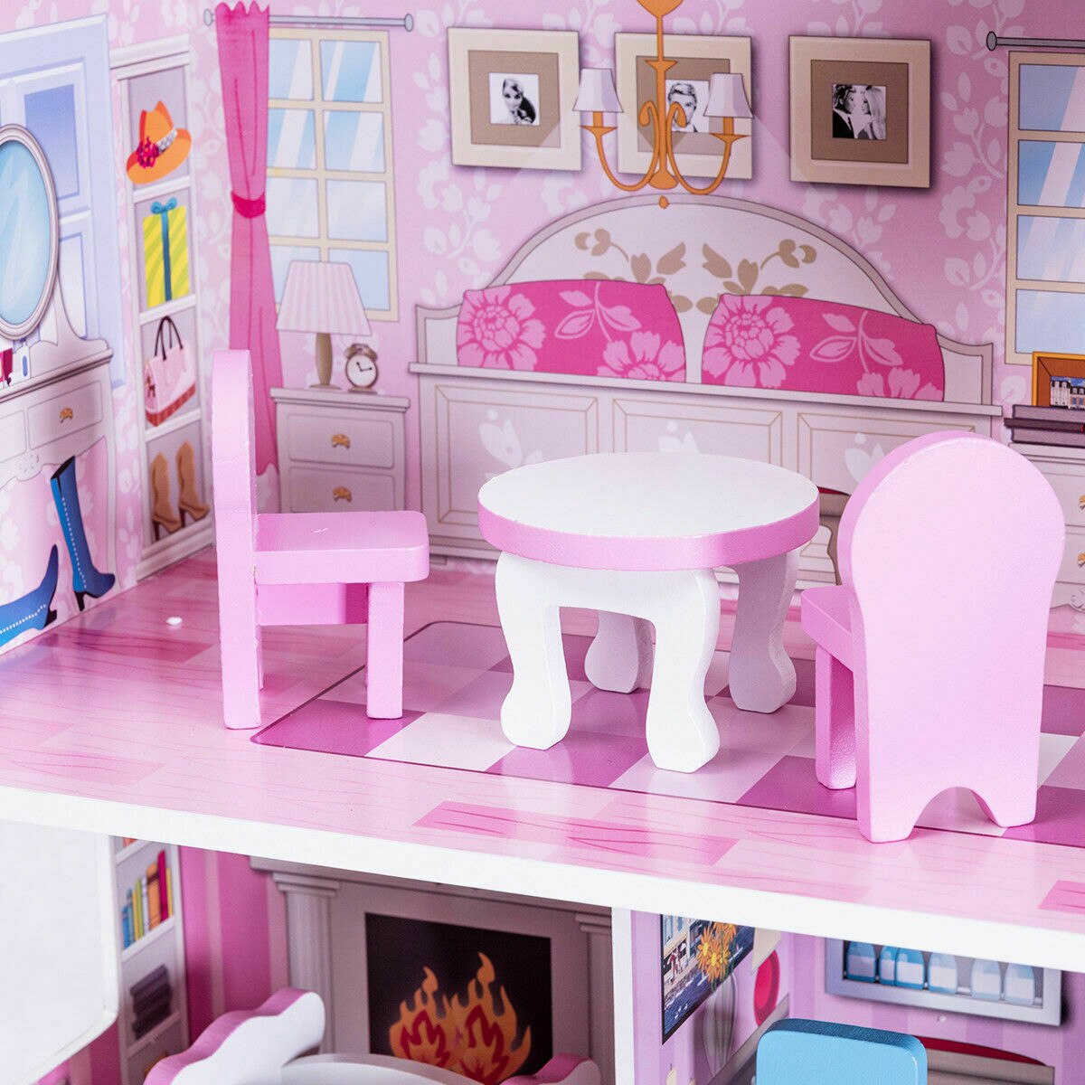 3-Level Pink Dollhouse with Furniture and Gliding Elevator