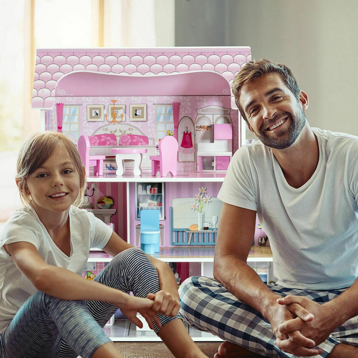 3-Level Pink Dollhouse with Furniture and Gliding Elevator