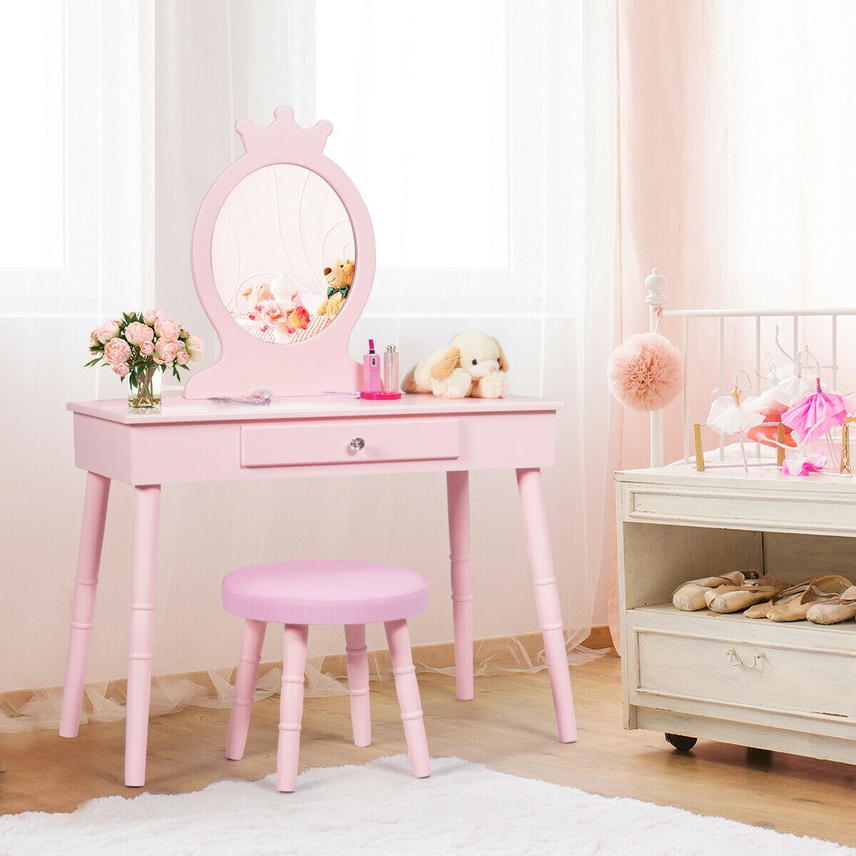 Makeup Vanity Table & Stool Set with Mirror in Pink