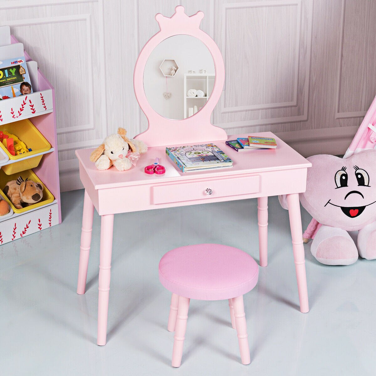 Makeup Vanity Table & Stool Set with Mirror in Pink