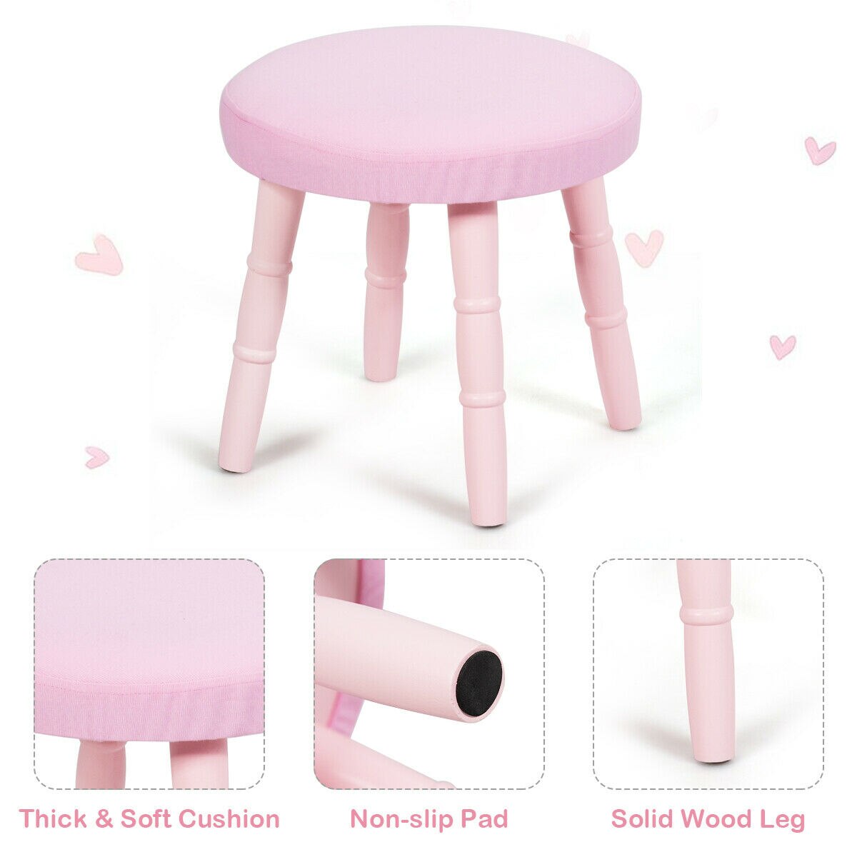 Makeup Vanity Table & Stool Set with Mirror in Pink