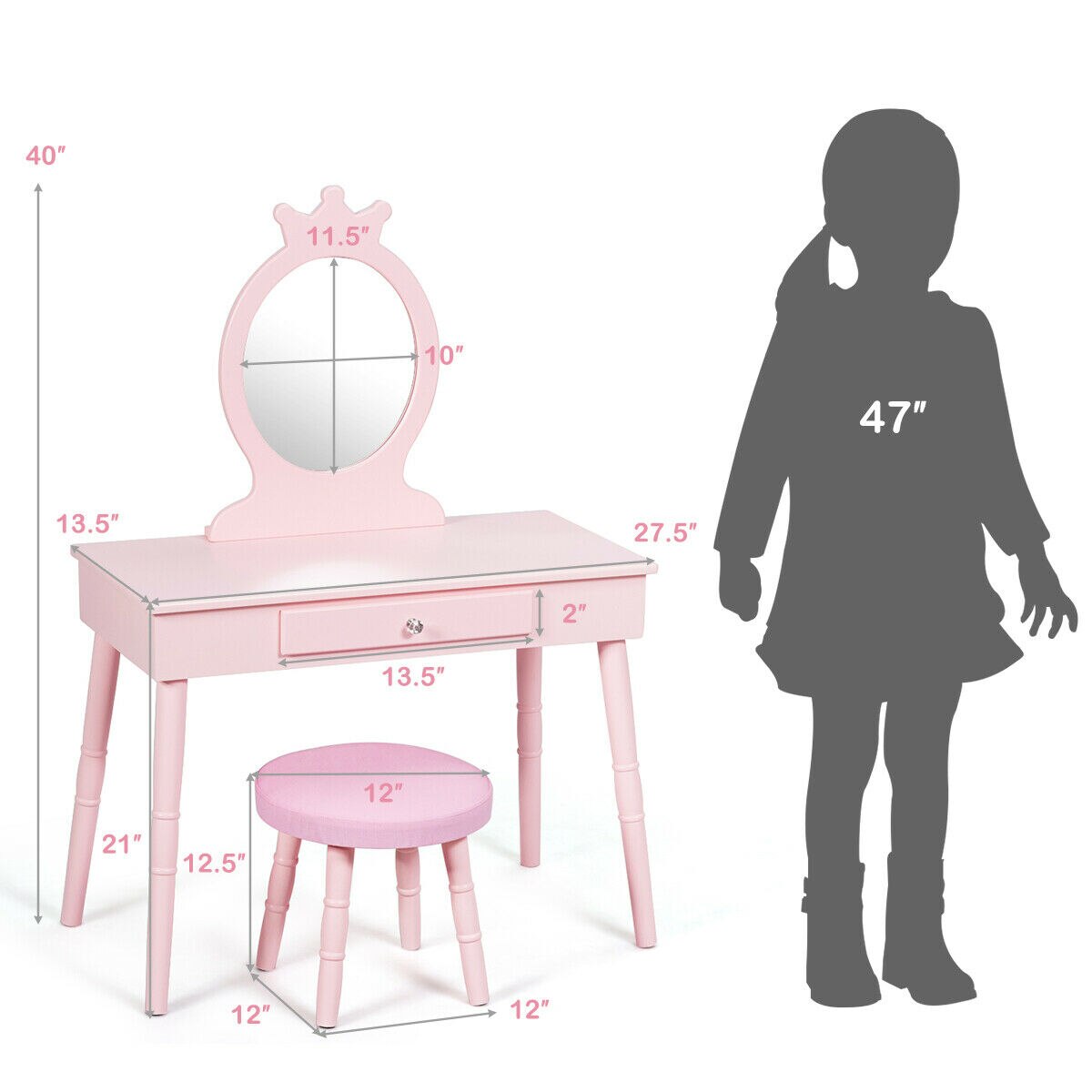 Makeup Vanity Table & Stool Set with Mirror in Pink