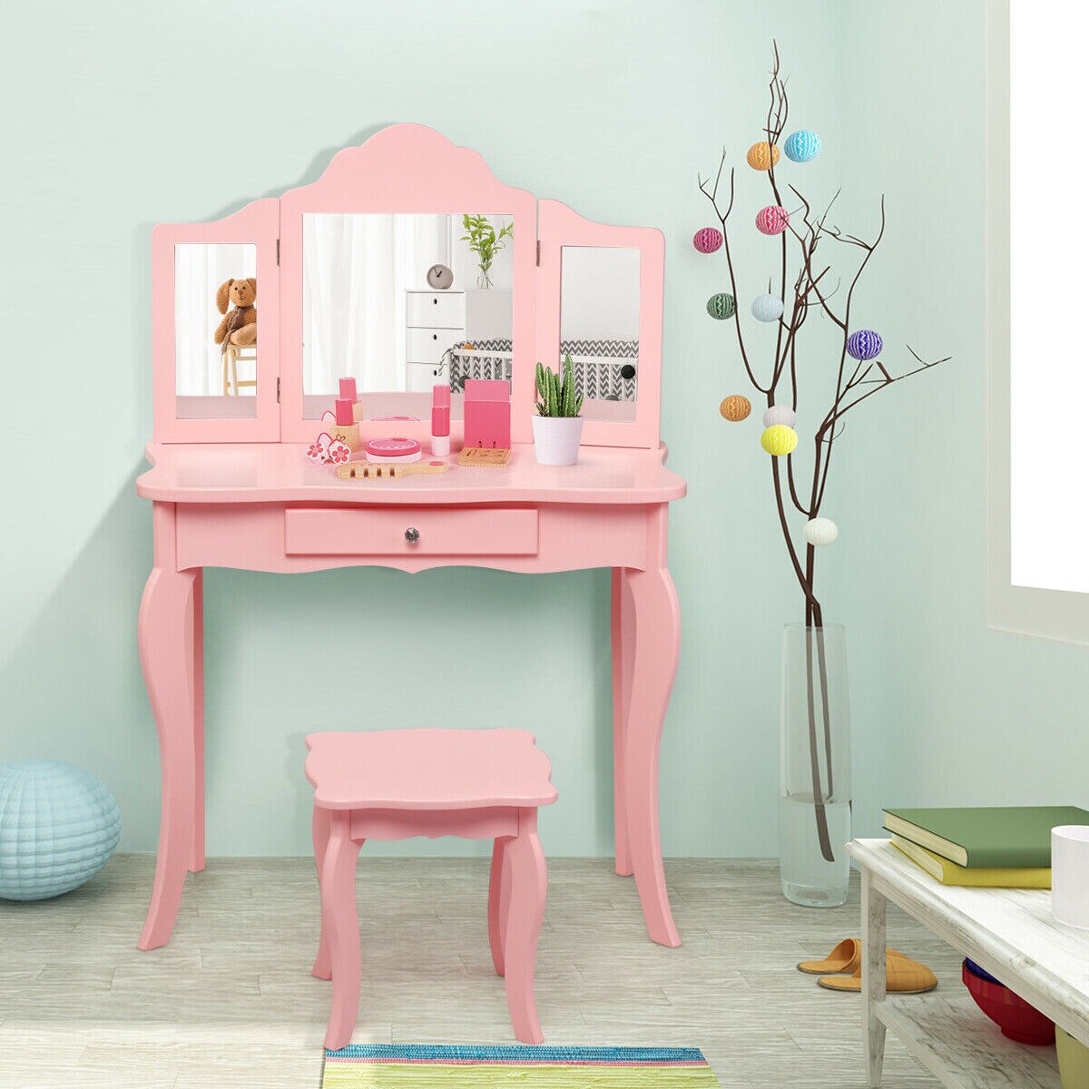 2-in-1 Makeup Vanity Table Set with Mirror in Pink