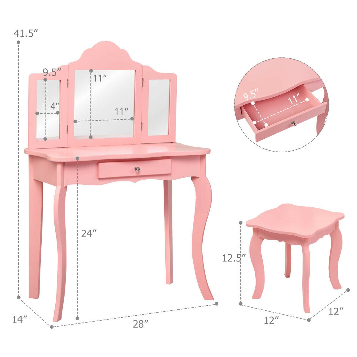 2-in-1 Makeup Vanity Table Set with Mirror in Pink