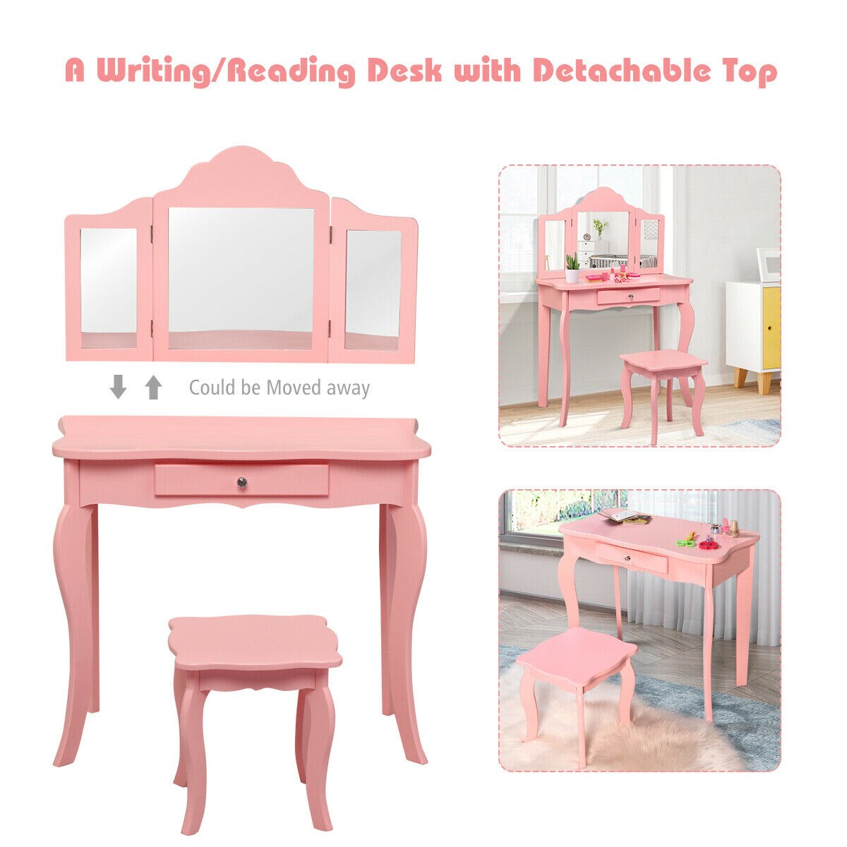 2-in-1 Makeup Vanity Table Set with Mirror in Pink