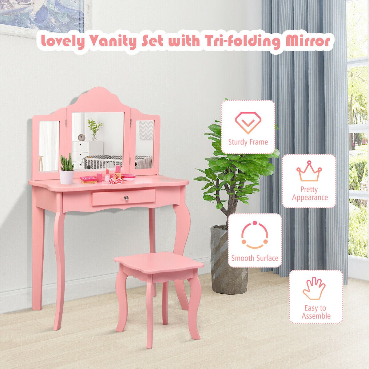 2-in-1 Makeup Vanity Table Set with Mirror in Pink