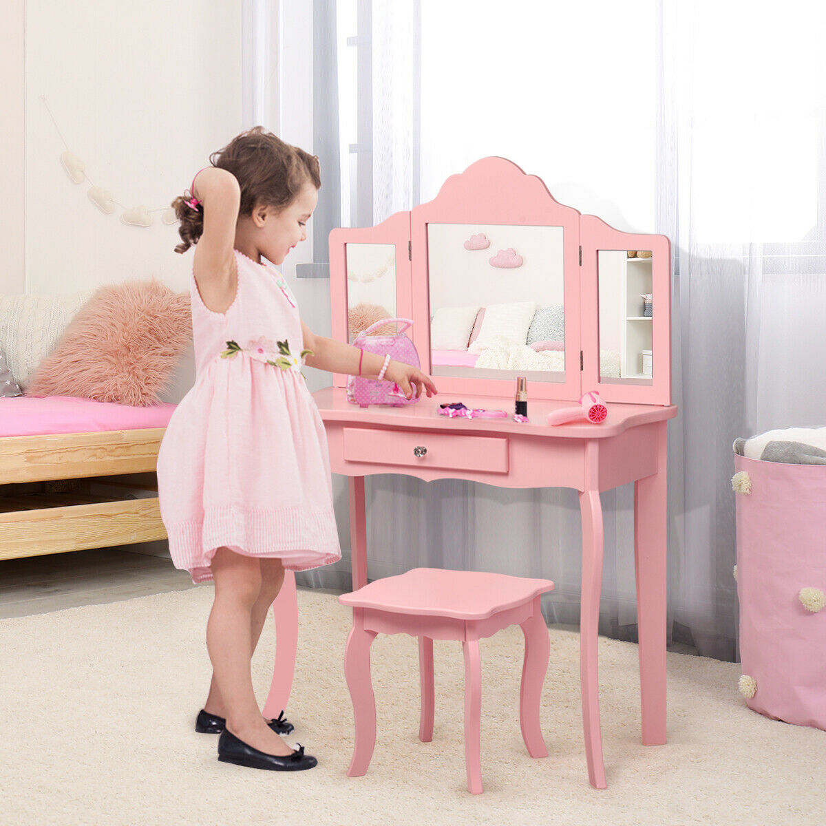 2-in-1 Makeup Vanity Table Set with Mirror in Pink